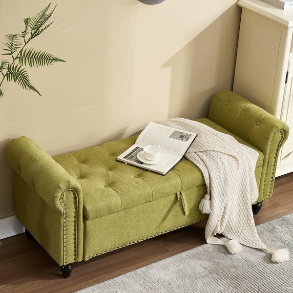 Olive Green Linen 55.12 in. W Bedroom Bench with Storage
