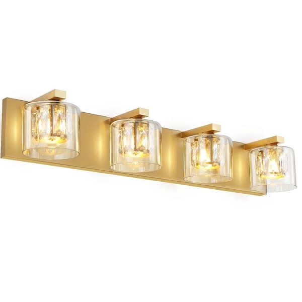 Unbranded Delvon 29 in. 4-Light Gold Vanity Light with Double Layer Clear Glass and Crystal Shades for Hallways/Bedrooms/Bathroom