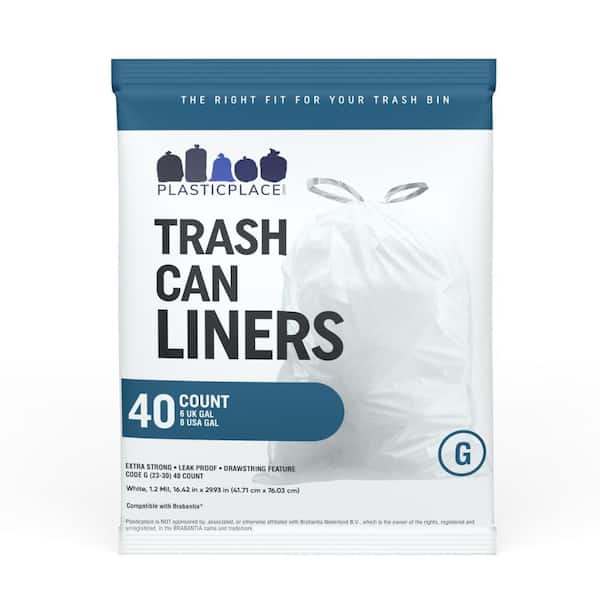 Plasticplace 6 Gal. to 8 Gal. 16.42 in. x 29.93 in. White Drawstring Trash Bags Compatible with Brabantia Code G (40-Count)