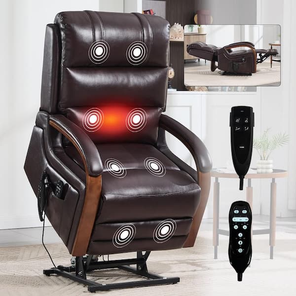 Brown Leatheraire Power Lift Recliner Chair Dual Motor Infinite Position with Solid Wood Armrests and Heat Massage