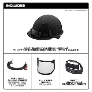 BOLT Black Type 1 Class E Full Brim Non Vented Hard Hat with 4 Point Ratcheting Suspension W/BOLT Mesh Full Facesheild