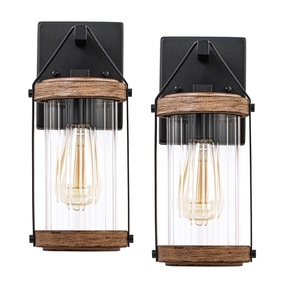 Medium Black and Woodgrain Metal Outdoor Lantern Sconce with Clear Glass