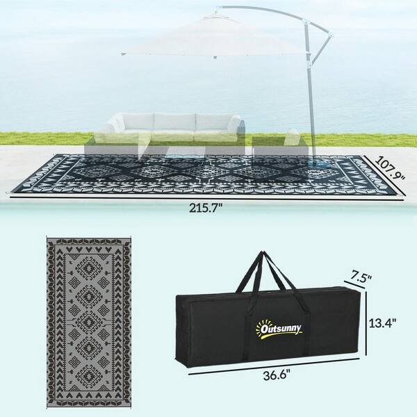 Outsunny - Black and Gray Rhombus Patchwork 9 ft. x 18 ft. Waterproof Plastic Reversible Outdoor Rug Large Straw Floor Mat Area Rug
