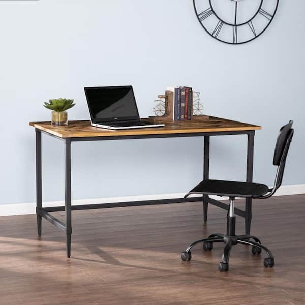 HomeRoots 52.5 in. Rectangular Desk Natural Reclaimed wood, eng wood, powder-coated iron Drawers Writing desk