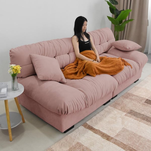 J&E Home 89 in. W Pink Frosted Velvet 2 Seats Deep Button Tufted Sofa