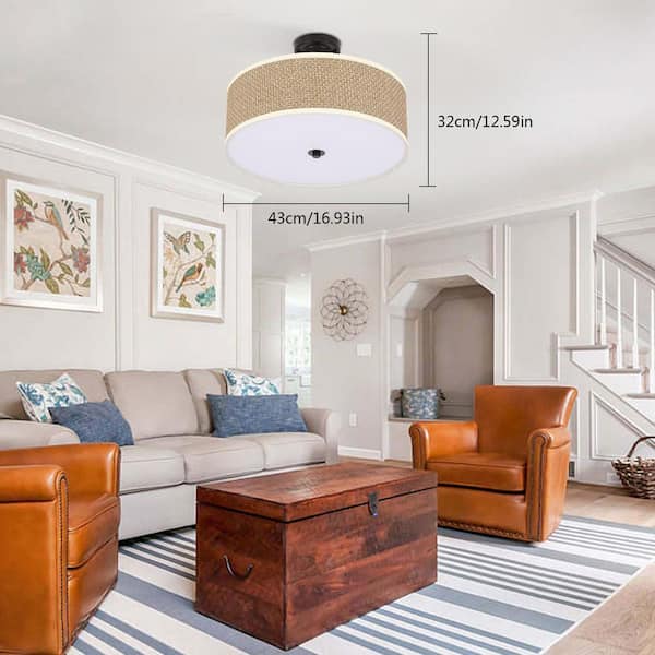 OUKANING 16.9 in. 3-light Brown Modern Rattan Semi-flush Mount