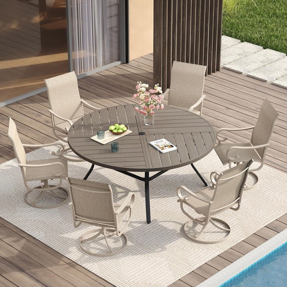 7-Piece Outdoor Patio Dining Set with 53.1 in. Gray Wood-Like Metal Round Table and 6-Sandshell Textilene Swivel Chairs price history on PriceWatchPro