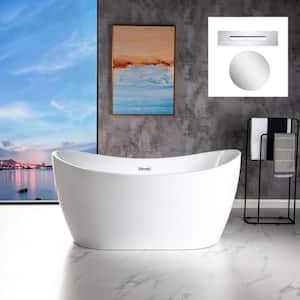 59 in. L x 28.75 in. W Acrylic FlatBottom Double Slipper Bathtub in White with Polished Chrome Drain