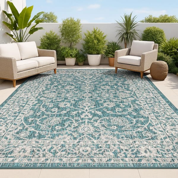 Palazzo Vine and Border Textured Weave Teal/Gray 5 ft. x 8 ft. Indoor/Outdoor Area Rug