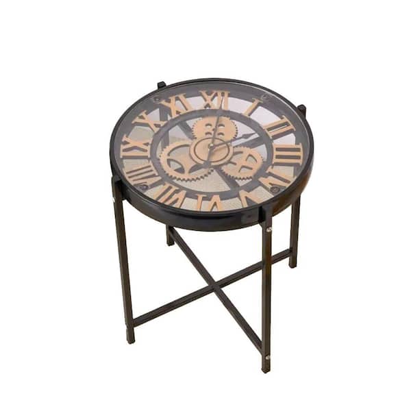 Industrial Mechanical Clock Coffee Table, Functional Glass Top Side Table with Gears for Living Room, Bedroom, Office