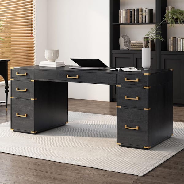 70 in. Rectangular Black/Gold MDF Wood Desk with Metal Edge Trim,2-File Drawers,USB Ports and Outlets
