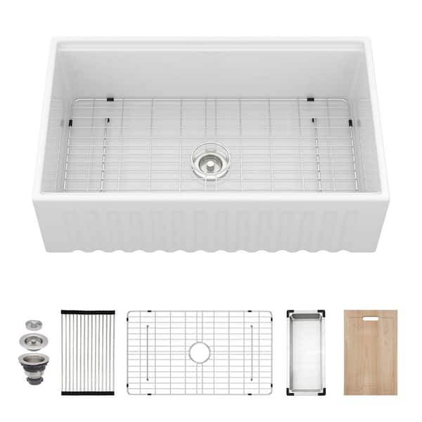 33 in. Farmhouse Single Bowl White Ceramic Kitchen Sink with Bottom Grids