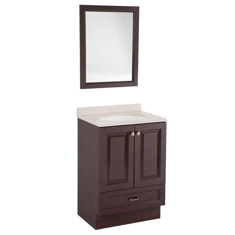 Glacier Bay Bristol 24 1 2 In Vanity In Chestnut With Colorpoint Vanity Top In Maui And Mirror Bt24bp3 Cn The Home Depot