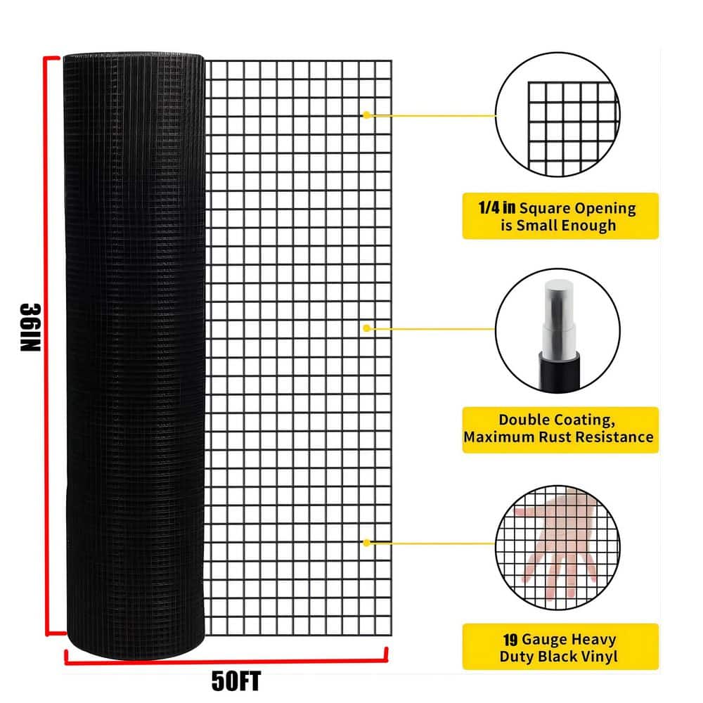Black Vinyl Coated Welded Fence Mesh 1/4 in. 36 in. x 50 ft. 19-Gauge, Garden Home Chicken Deer Rabbit Barrier Safety price history on PriceWatchPro
