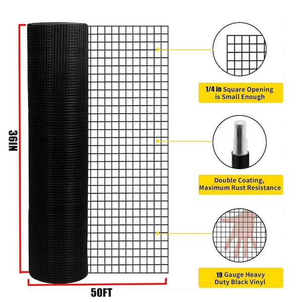 Black Vinyl Coated Welded Fence Mesh 1/4 in. 36 in. x 50 ft. 19-Gauge, Garden Home Chicken Deer Rabbit Barrier Safety