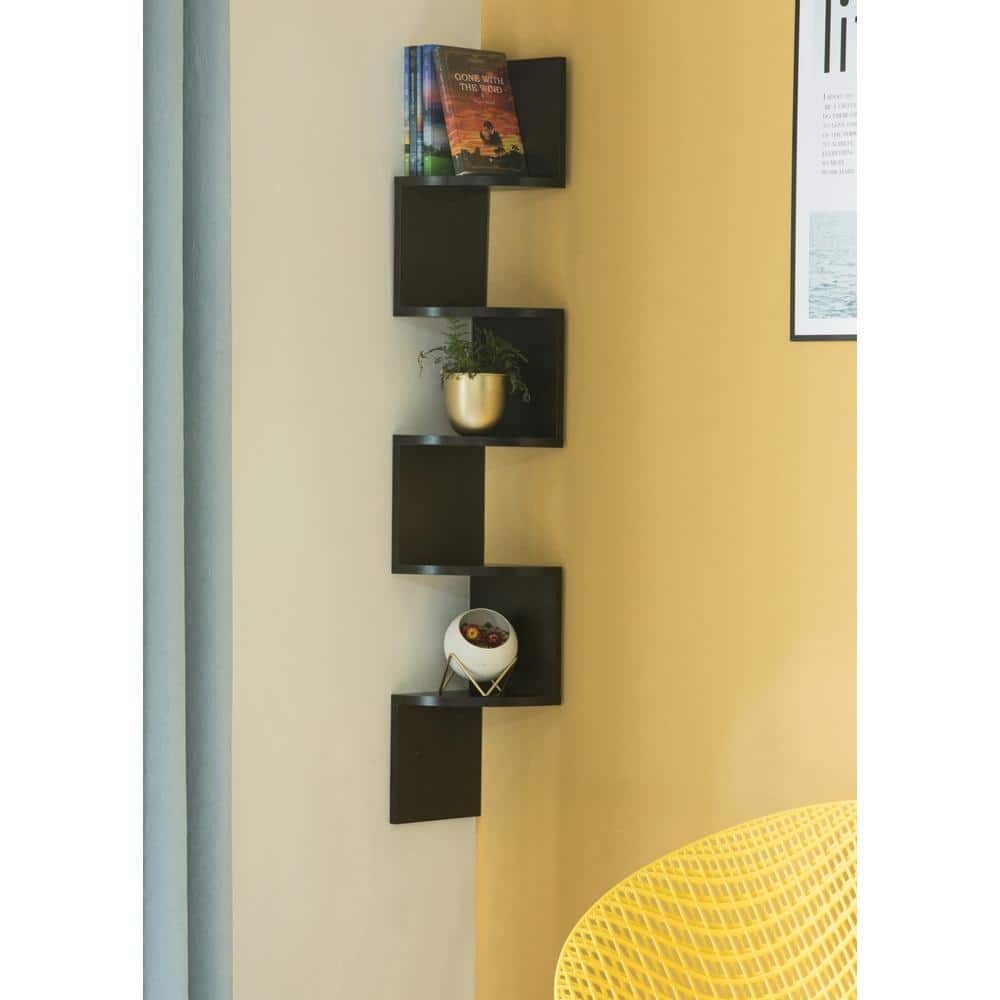 Black Wood 5-Tier Wall Mount Corner Shelf