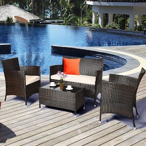 4-Piece Wicker Patio Conversation Furniture Set Sofa Chair with Brown and Red Cushions Garden