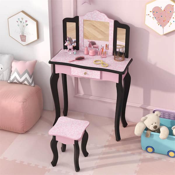 2-Piece MDF Top Pink and Black Kids Vanity Set with Tri-folding Mirror Drawer