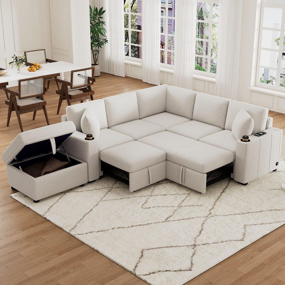 84.7 in. Square Arm Chenille L-Shaped Sofa with Sofa Bed and Ottoman in Beige (Seats 4)