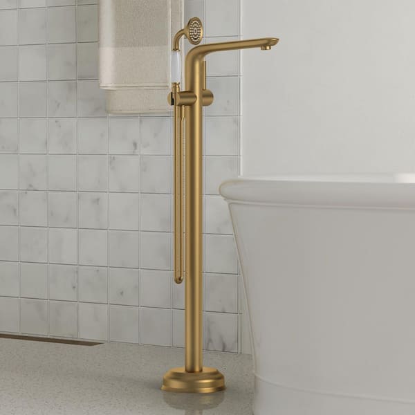 Single Handle Floor Mounted Free Standing Claw Foot Tub Faucets with Handheld Shower in Brushed Gold Valve Included