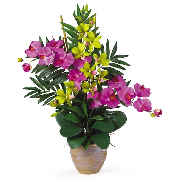 Nearly Natural 29 in. Artificial Double Phalaenopsis and Dendrobium Silk Flower Arrangement in Orchid and Green