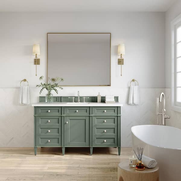 James Martin Vanities Brittany 60.0 in. W x 23.5 in. D x 33.8 in. H Bathroom Vanity in Smokey Celadon with White Zeus Quartz Top