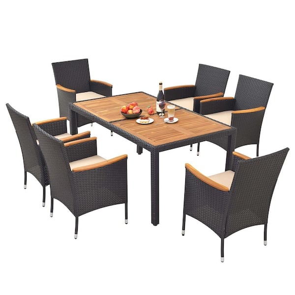 Costway 7-Piece Acacia Wood Rectangle 29.5 in. Outdoor Dining Set with Cushions Beige