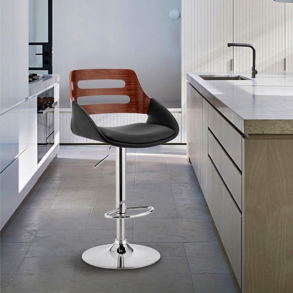Adjustable Black Faux Leather and Walnut Swivel Bar Stool