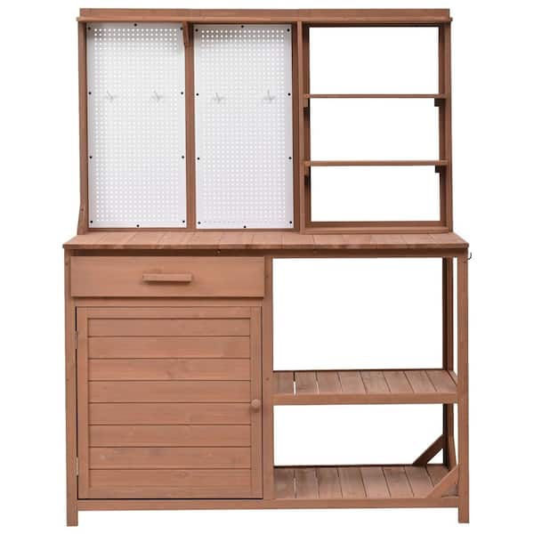 Brown 50 in. W x 66 in. H Wood Potting Bench, Garden Workstation Potting Table with Hooks, Hutch, Adjustable Storage