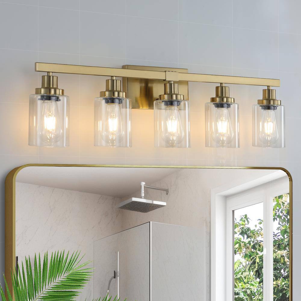 29.9 in.5-Light Golden Vanity Light with Clear Glass Shades, Modern Iron Me