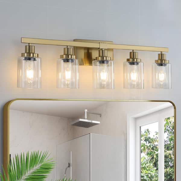 29.9 in.5-Light Golden Vanity Light with Clear Glass Shades, Modern Iron Metal Bathroom Wall Fixture for Mirror