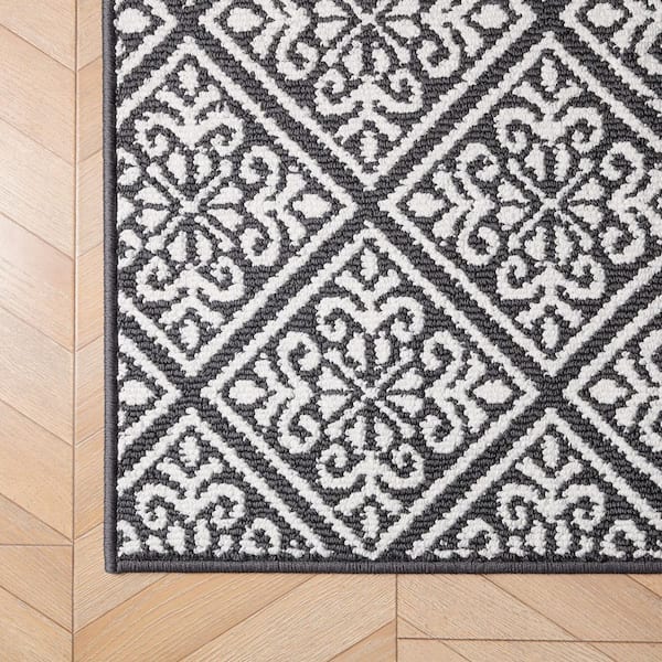 Washable Skid-Resistant Dark Grey/Ivory 2 ft. x 4 ft. All Loop Tufted Area Rug