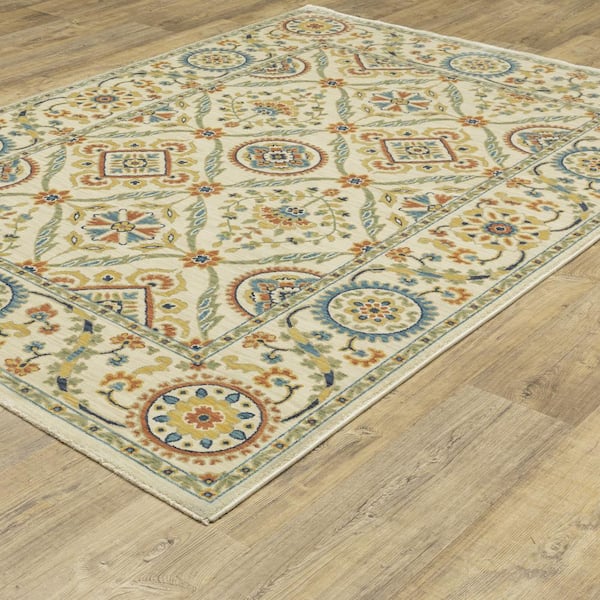 Fleetwood Ivory/Multi-Colored 2 ft. x 8 ft. Traditional Oriental Floral Polypropylene Fringe Edge Indoor Runner Area Rug