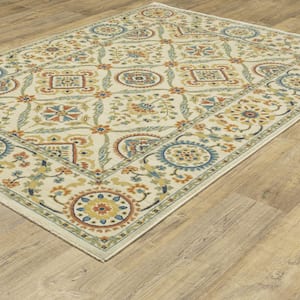 Fleetwood Ivory/Multi-Colored 7 ft. x 10 ft. Traditional Oriental Floral Polypropylene Fringe Edge Indoor Area Rug