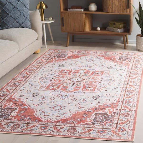 Tucson Rust/Ivory 9 ft. x 12 ft. Machine Washable Ornate Floral Medallion Area Rug