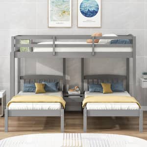Gray Twin Over Twin and Twin Bunk Bed, Wood Triple Bunk Bed with Built-in Middle Drawer and Shelf for Kids, Teens