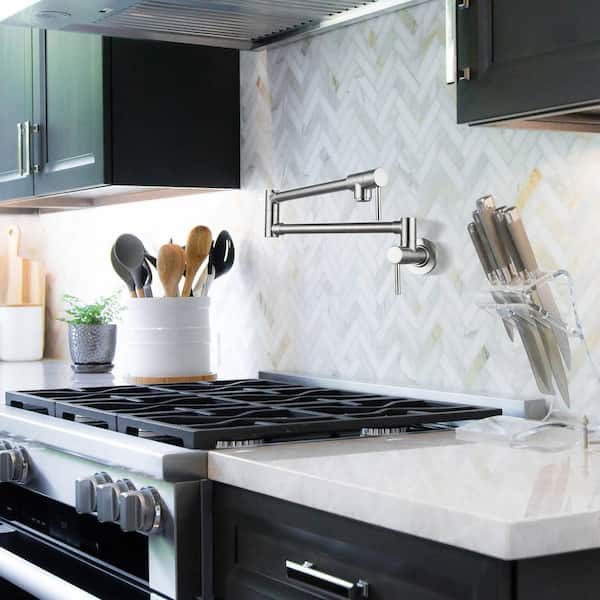 Wall-Mounted Pot Filler Faucet with Dual Handles and 360° Swing in Brushed Nickel