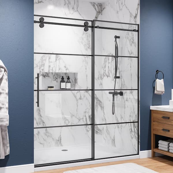 56-60 in. W x 72 in. H Sliding Grid Framed Shower Door in Matte Black Finish with Tempered Glass