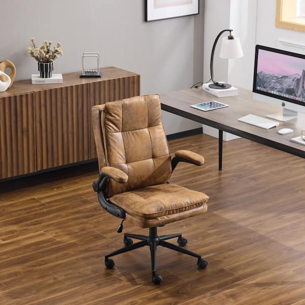Faux Leather Fabric with Foot Pegs Swivel Adiustable Height Task Chair in Retro Brown with Adjustable Arms