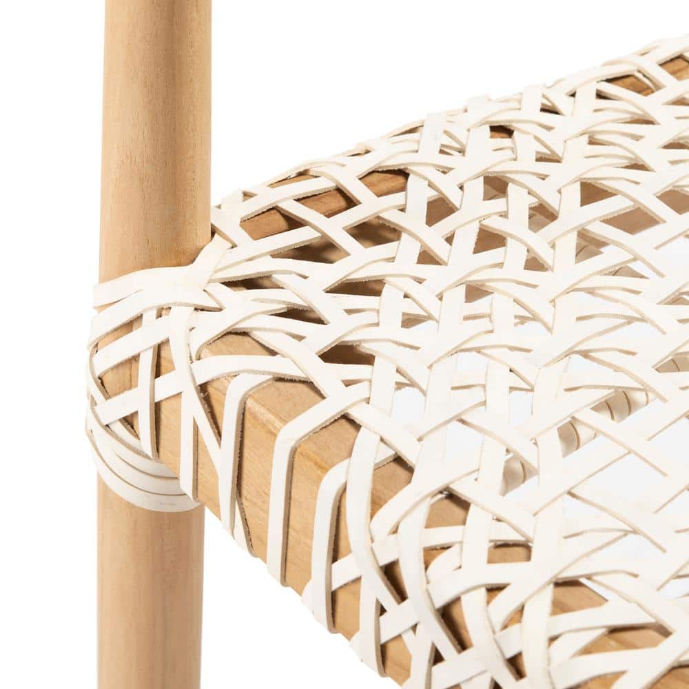 Curved Natural Teak & Woven White Leather Counter Stool