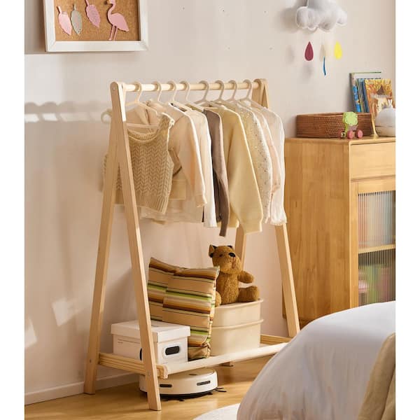 Beige Foldable Kids Clothing Rack Stand for Dress Up, Playroom, Nursery, Portable Hanging Organizer for Toddler/Pets