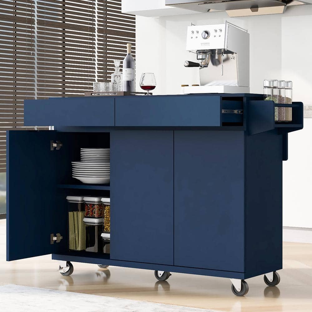 Blue Wood 53.15 in. W Rolling Kitchen Island with Adjustable Shelves and 2-