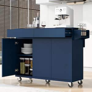 Blue Wood 53.15 in. W Rolling Kitchen Island with Adjustable Shelves and 2-Drawers