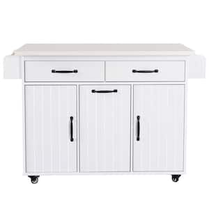 51.06 in. White Eco-Friendly P2 Panel Large Kitchen Island with Electrical Outlet, Drop Down Blade and Drawers