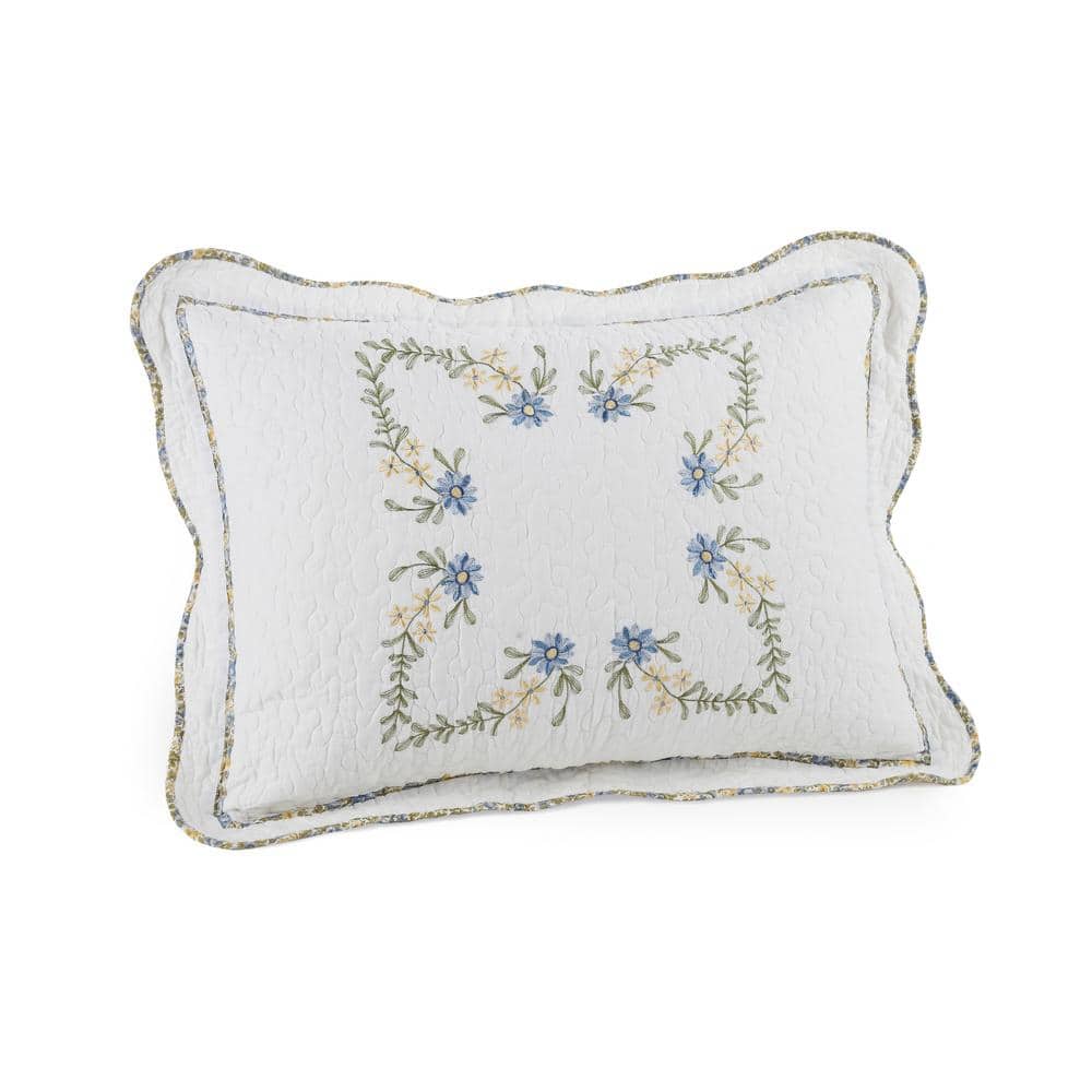 Heather King Size White and Blue Embroidered Cotton Sham