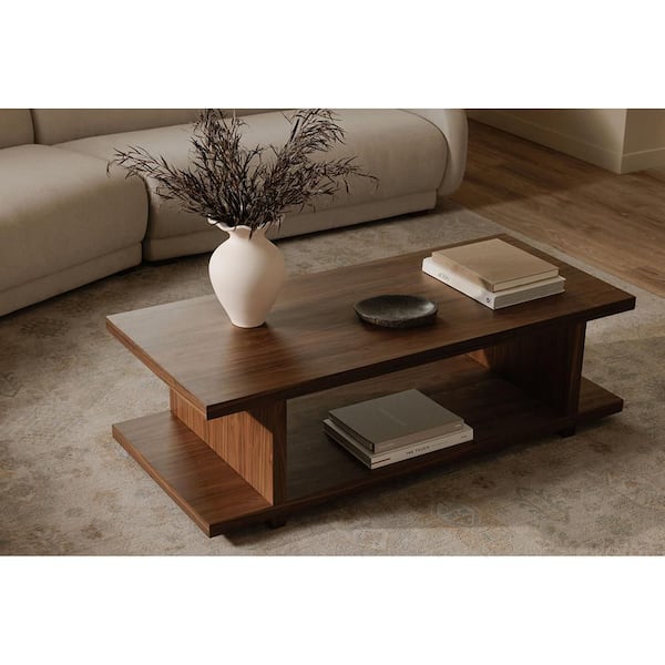 Soleil 54 in. Brown Rectangle Walnut Veneer Over MDF Coffee Table with Open-Shelf Design