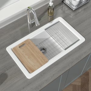 Workstation Kitchen Sink 33 x 19 in. Drop-In Single Bowl White Fireclay Kitchen Sink with Cutting-Board Bottom Grid