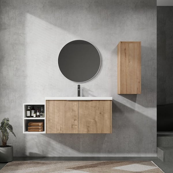 48 in. Single Sink Floating Imitative Oak Bath Vanity with White Resin Top, Open Shelf and Side Cabinet Unassembled