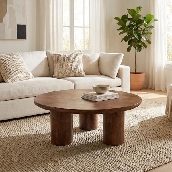 36 in. D x 14 in. H Natural Dark Brown Round Wood Scandinavian Coffee Table with Cylindrical Legs