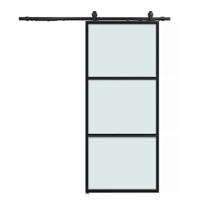 36 in. x 84 in. 3-Lite Frosted Glass Black Steel Frame Interior Sliding Barn Door with Hardware Kit
